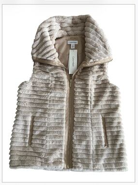 Calvin Klein Womens Faux Fur Vest Beige Grooved Full Zip Size Small NWT